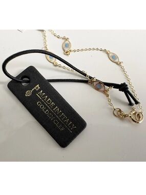 14K Yellow Gold Golden Clef Blue White Evil Eye Enamel Dainty Chain 585 Bracelet
